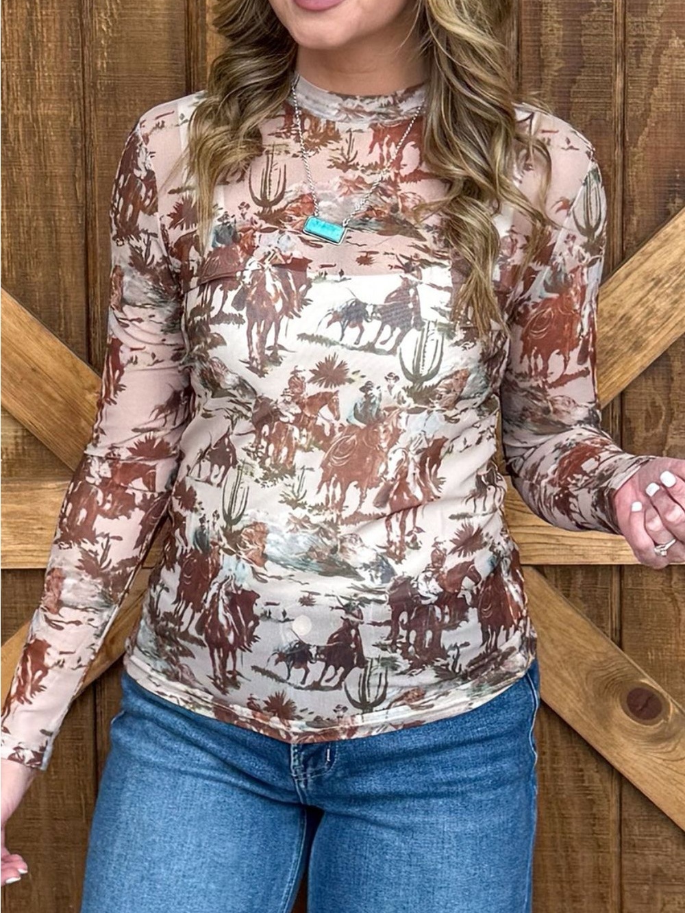 Western Scene Mesh Long Sleeve Top